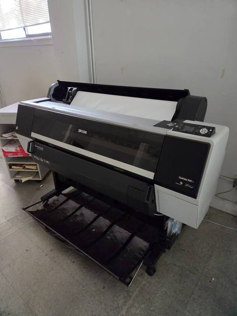 Epson P9000 on its stand (rolling cart at left is not included)